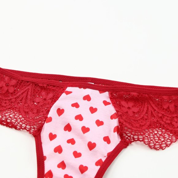Red Lace Trim Heart Print Valentines Lingerie Set - Picture 12 of 16